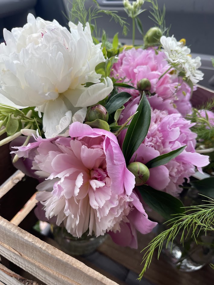 Bouquet of white and pink peonies with greenery in a glass vase.